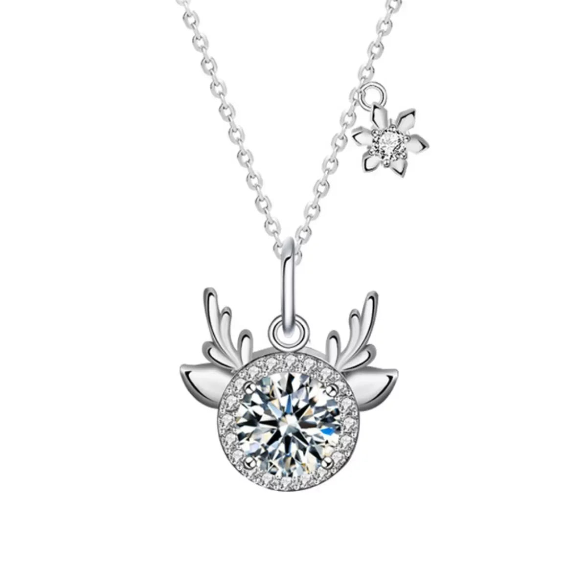 Sterling silver necklace with sparkling round crystal deer head pendant and small flower charm