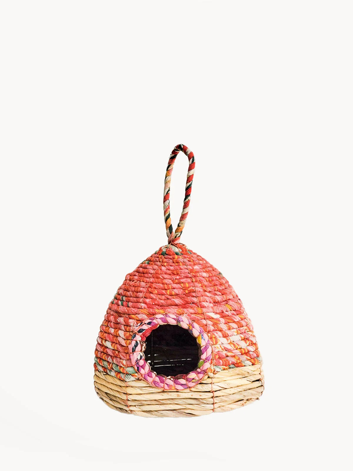 Handwoven pink and natural straw birdhouse with loop, garden decor from Qu!rk Boutique