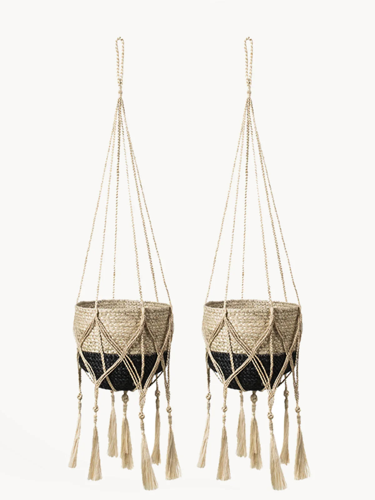 Set of two macrame and woven hanging baskets with natural and black accents, Qu!rk Boutique