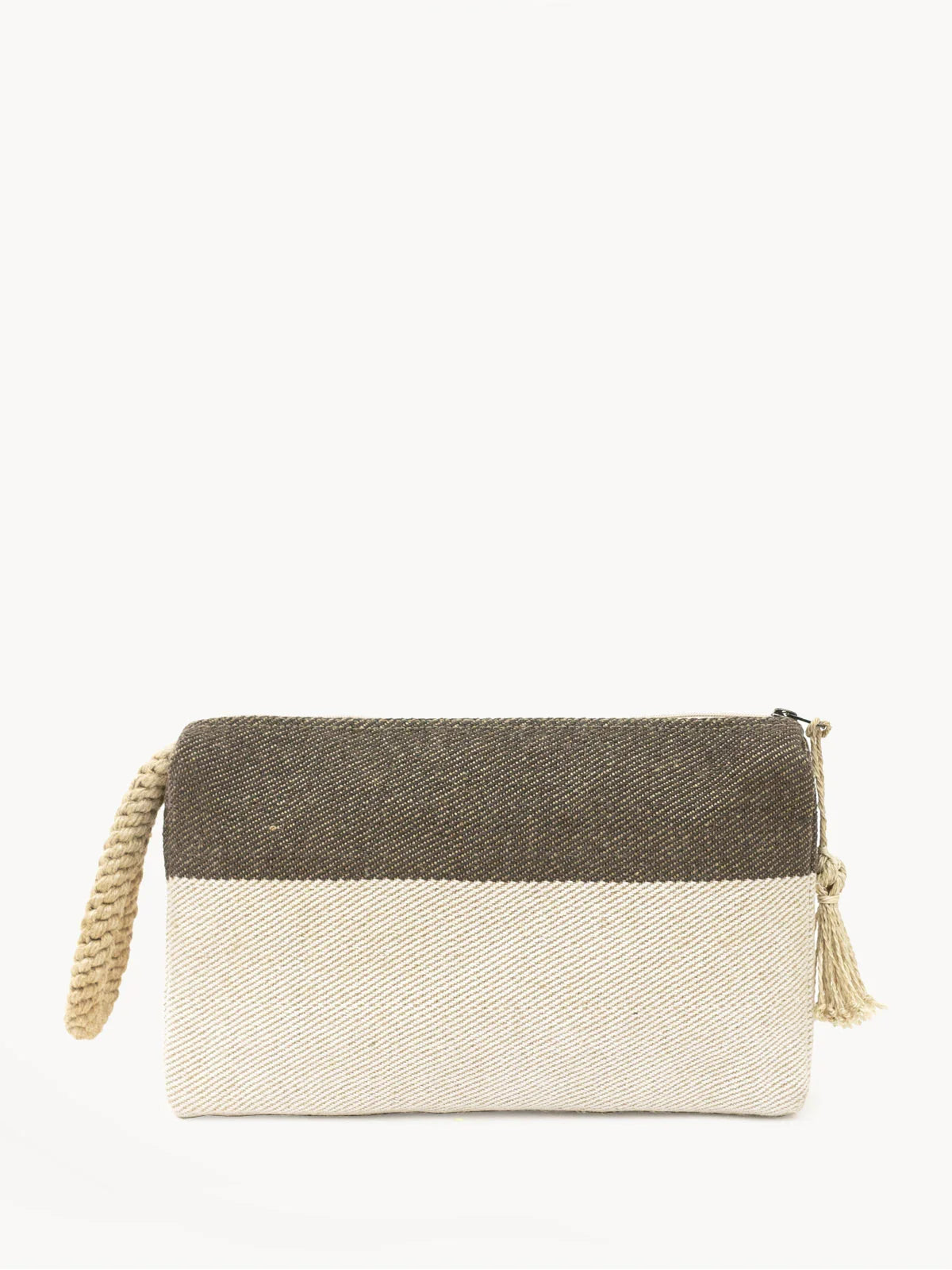 Two-tone brown and beige woven clutch bag with braided wrist strap and tassel zipper