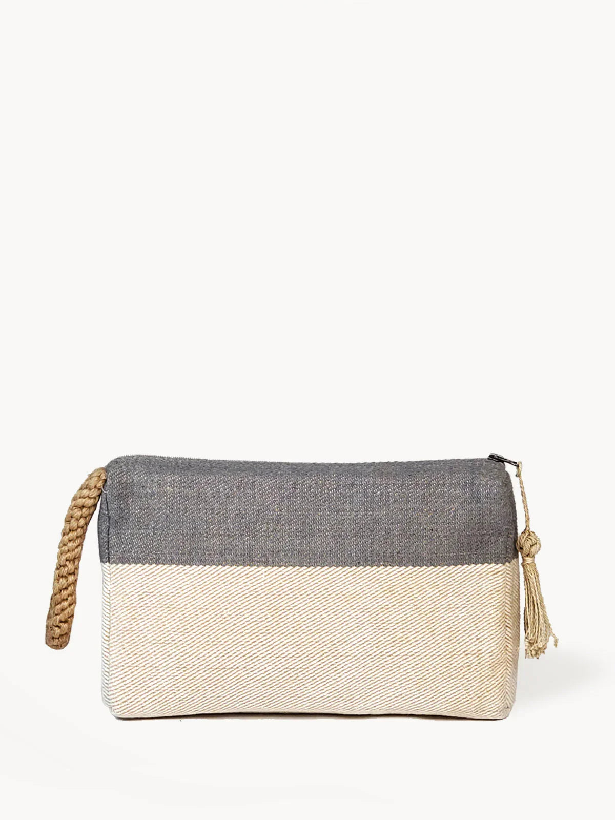 Two-tone gray and cream fabric clutch with braided handle and tassel zipper pull