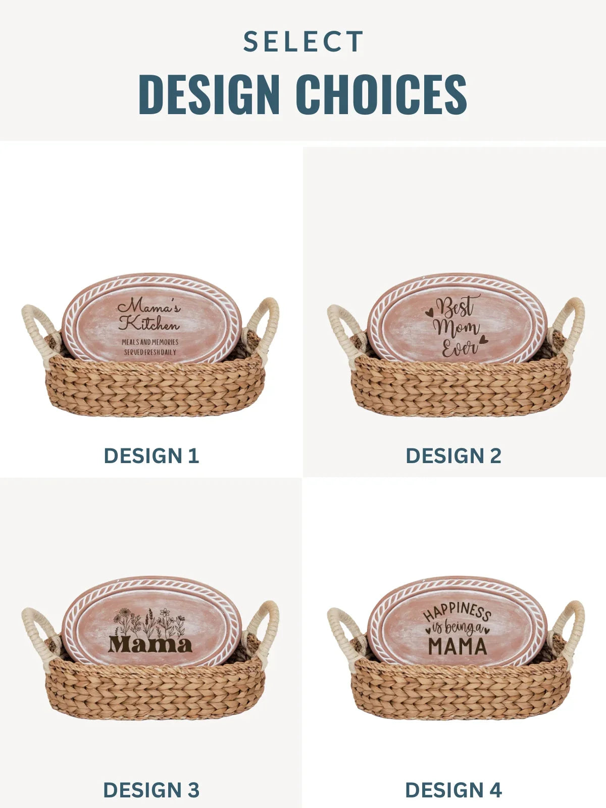 Four woven bread warmer baskets with oval wooden signs featuring Mother's Day designs and sayings