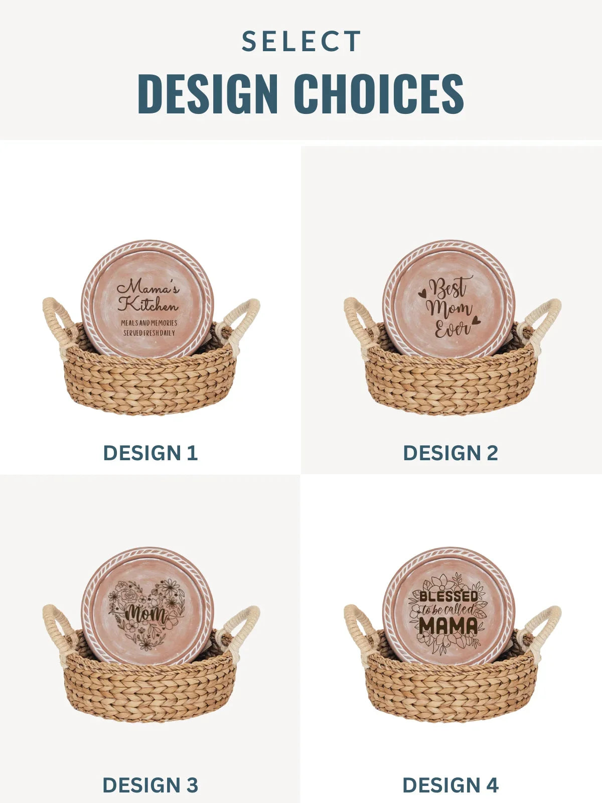 Four round ceramic plates in woven baskets with Mother's Day designs: Mama's Kitchen, Best Mom Ever, floral heart Mom, Blessed to be called Mama