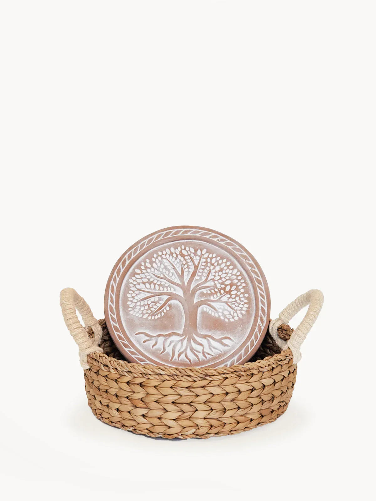 Handcrafted round bread warmer with tree of life design in woven basket, Qu!rk Boutique gift
