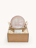 Terracotta bread warmer with etched tree of life, in gift basket, Qu!rk Boutique
