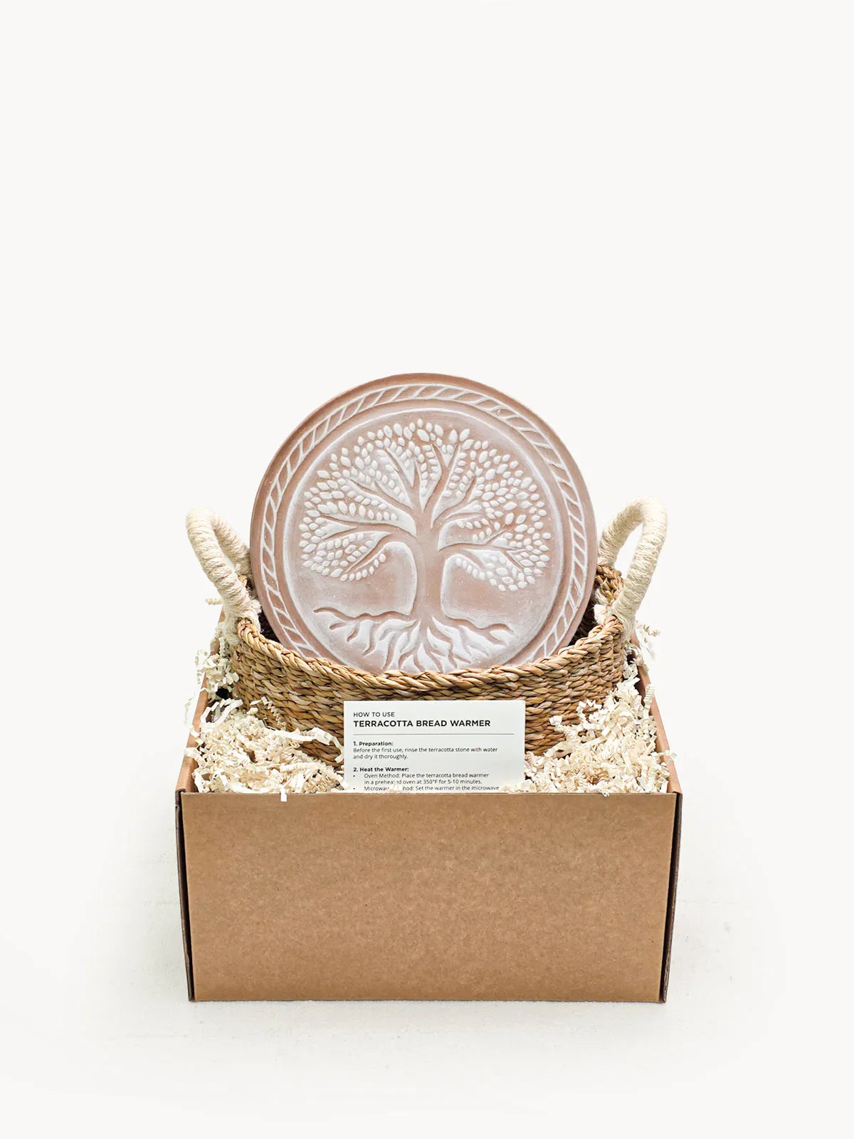 Terracotta bread warmer with etched tree of life, in gift basket, Qu!rk Boutique