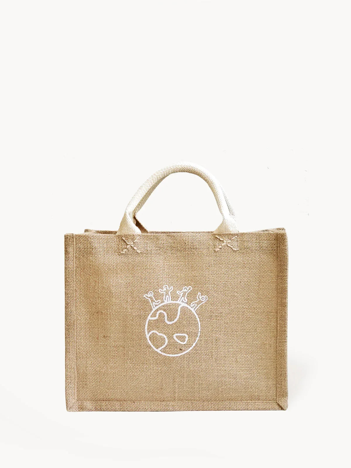 Eco-friendly jute gift bag with white Earth and people design and white handles
