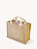 Eco-friendly jute gift bag with white heart outline and red heart cotton lining, Qu!rk Boutique