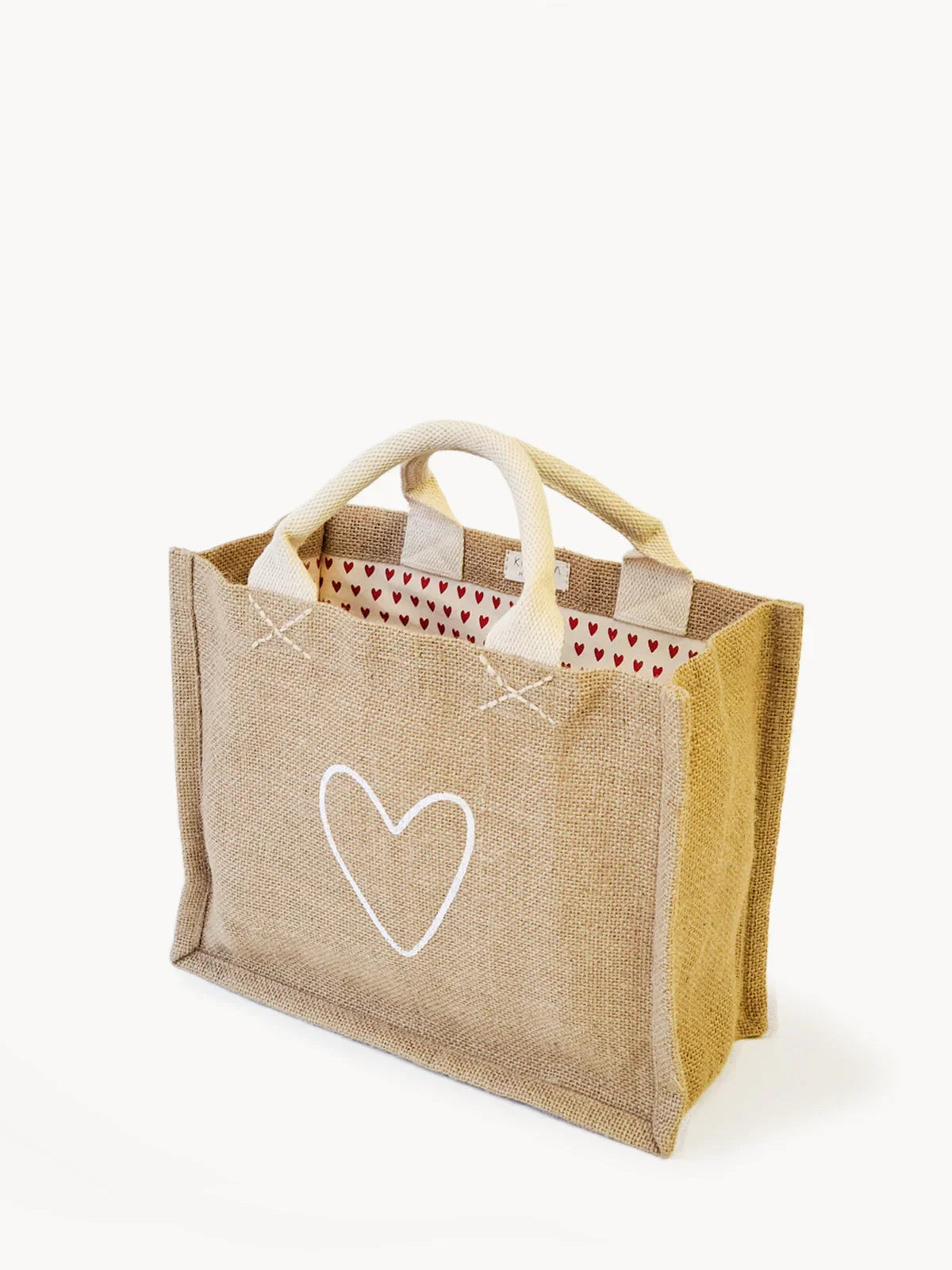 Eco-friendly jute gift bag with white heart outline and red heart cotton lining, Qu!rk Boutique