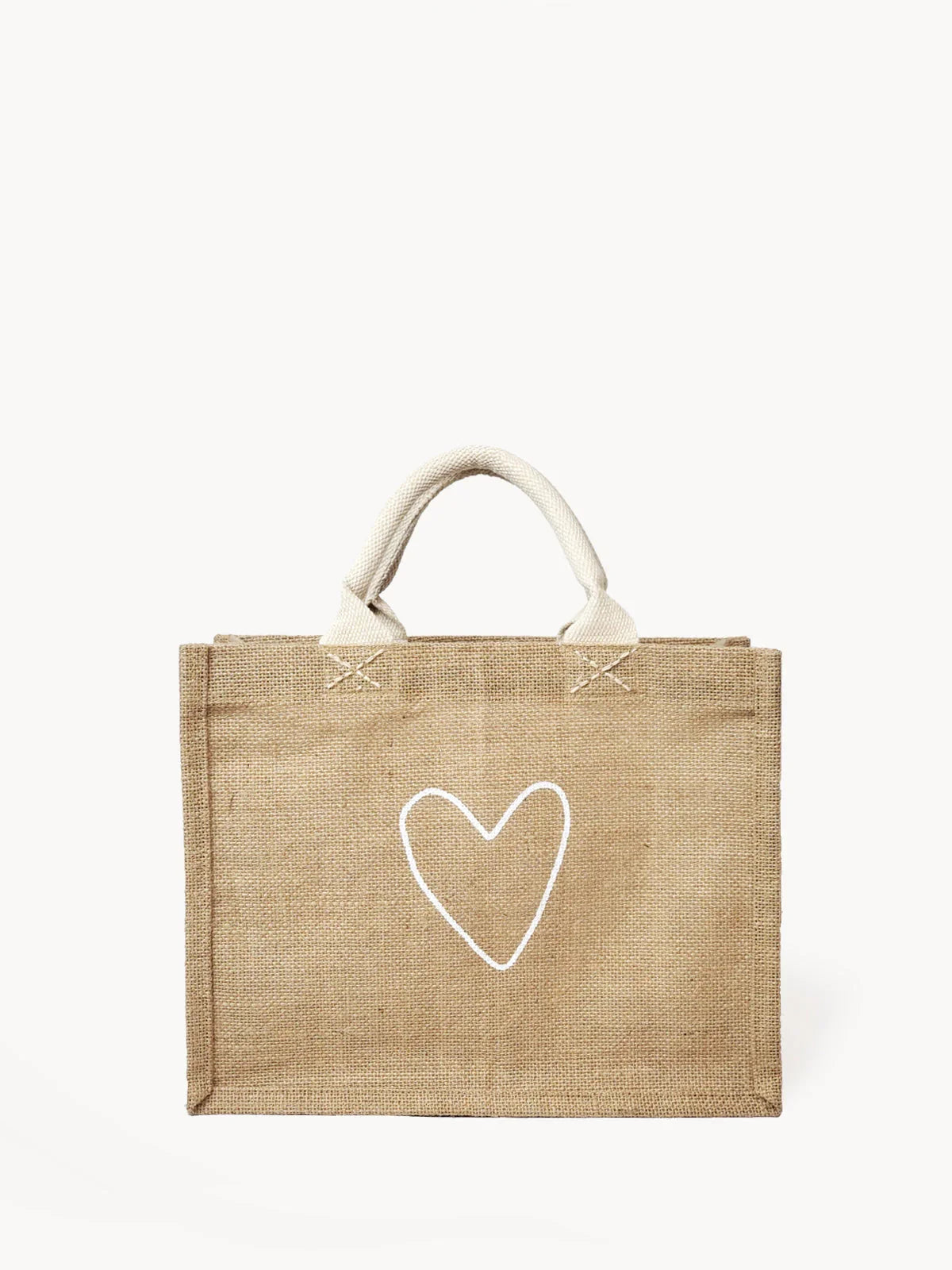 Natural jute gift bag with white heart design and cream fabric handles