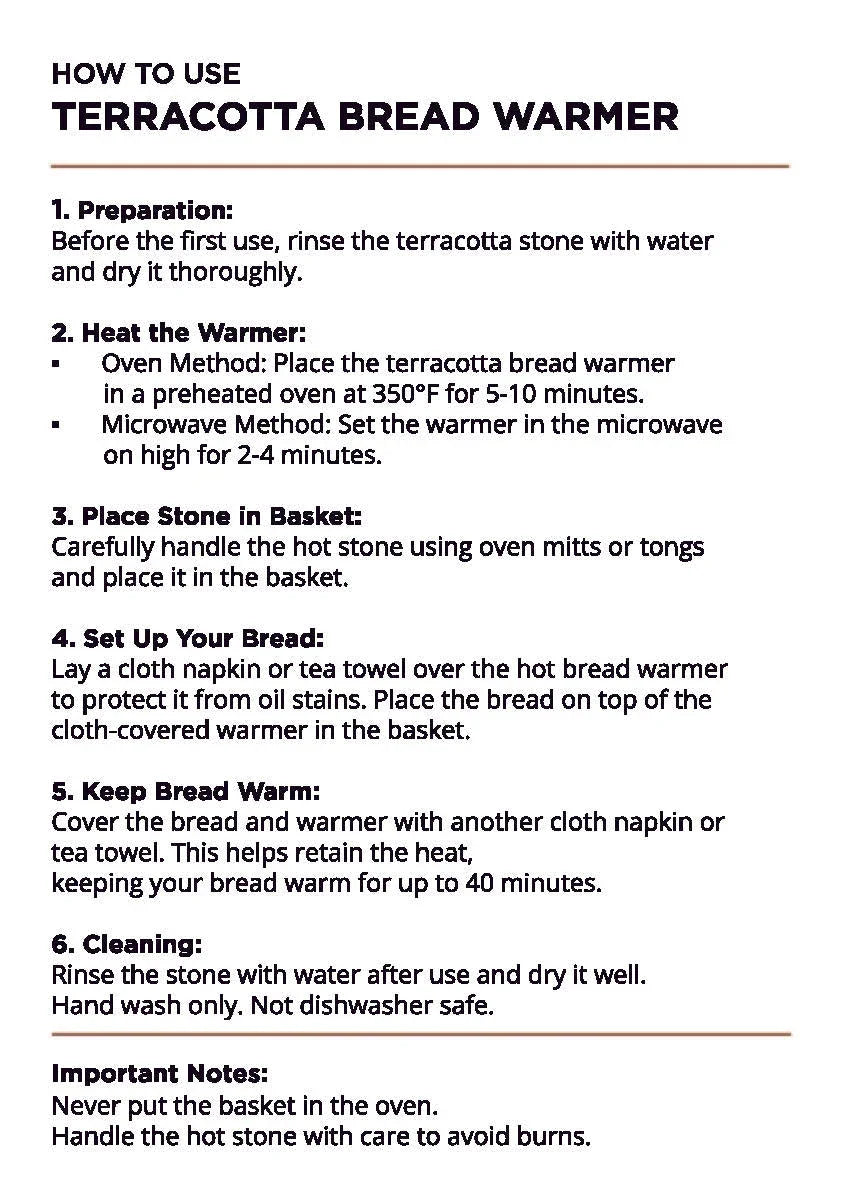 Instruction card explaining how to use a terracotta bread warmer with preparation, heating, and cleaning tips