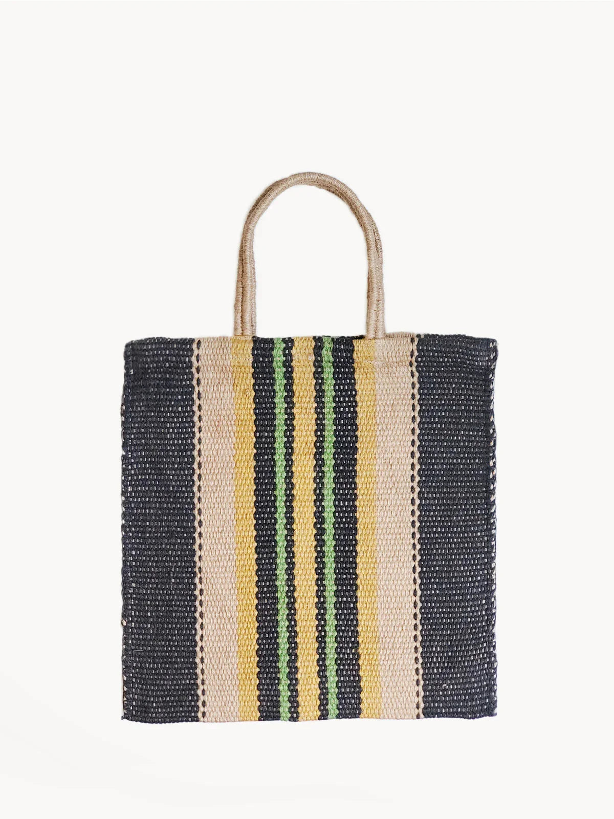 Woven tote bag with navy, beige, yellow, and green vertical stripes and rope handles