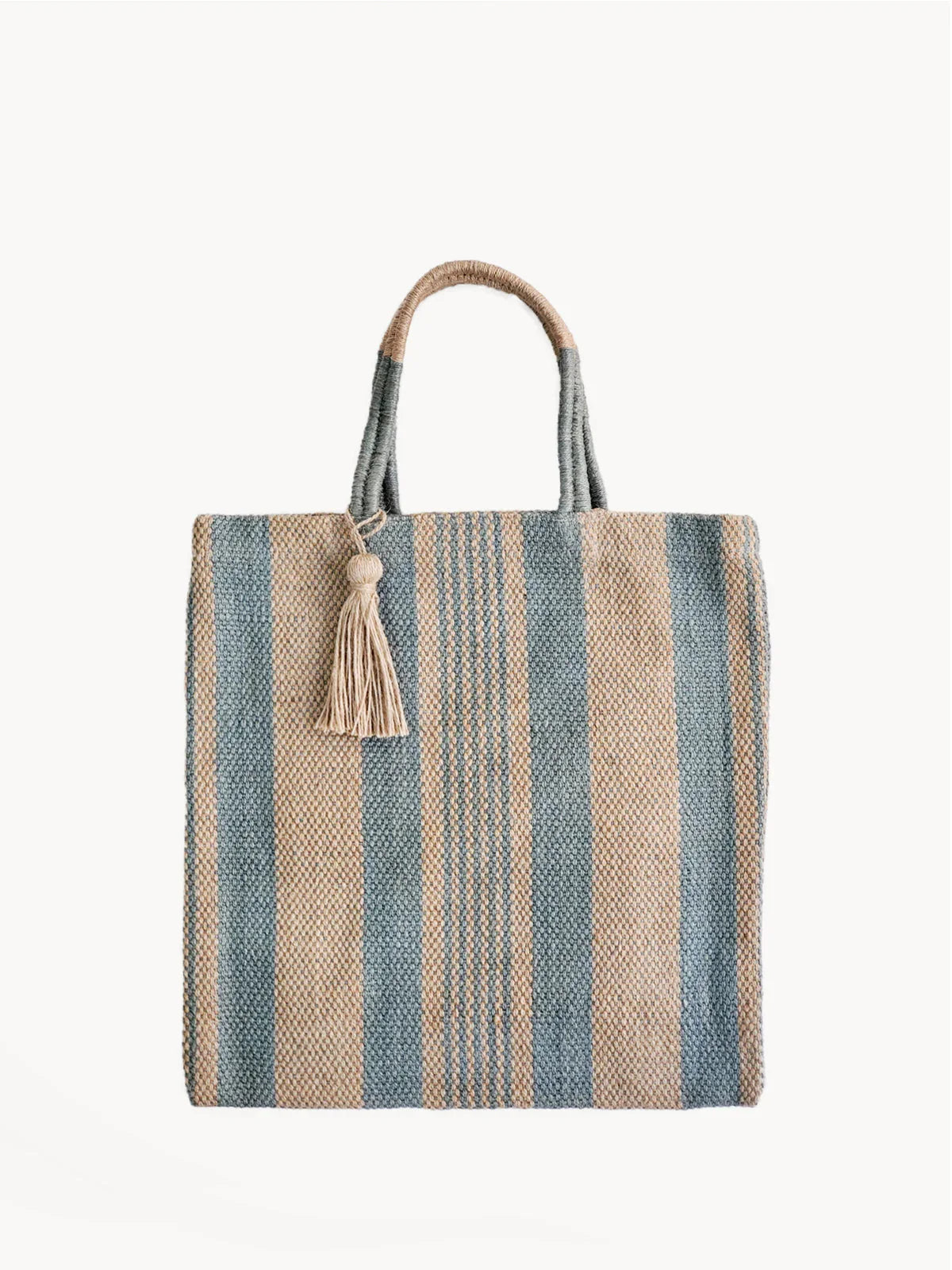 Jute tote bag with pale green and natural striped pattern and tassel, Qu!rk Boutique.