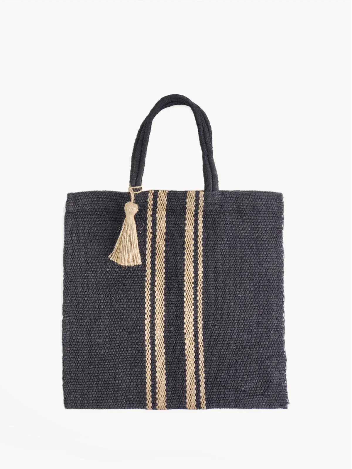Black woven tote bag with natural beige stripes and tassel, featuring two sturdy handles