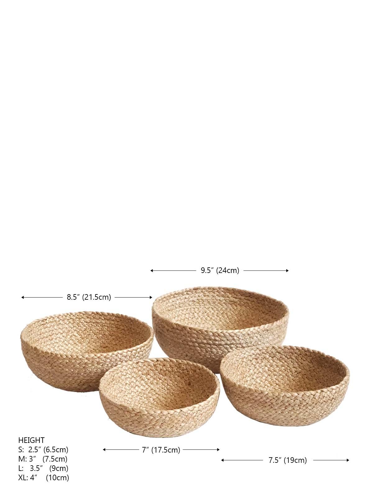 Set of four natural woven seagrass bowls in different sizes with labeled measurements, eco-friendly decor.