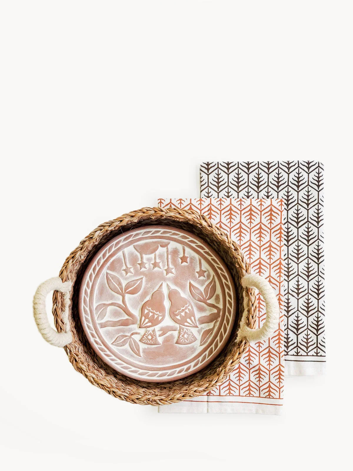 Woven basket tray with lovebird motif plate and botanical print tea towels from Qu!rk Boutique