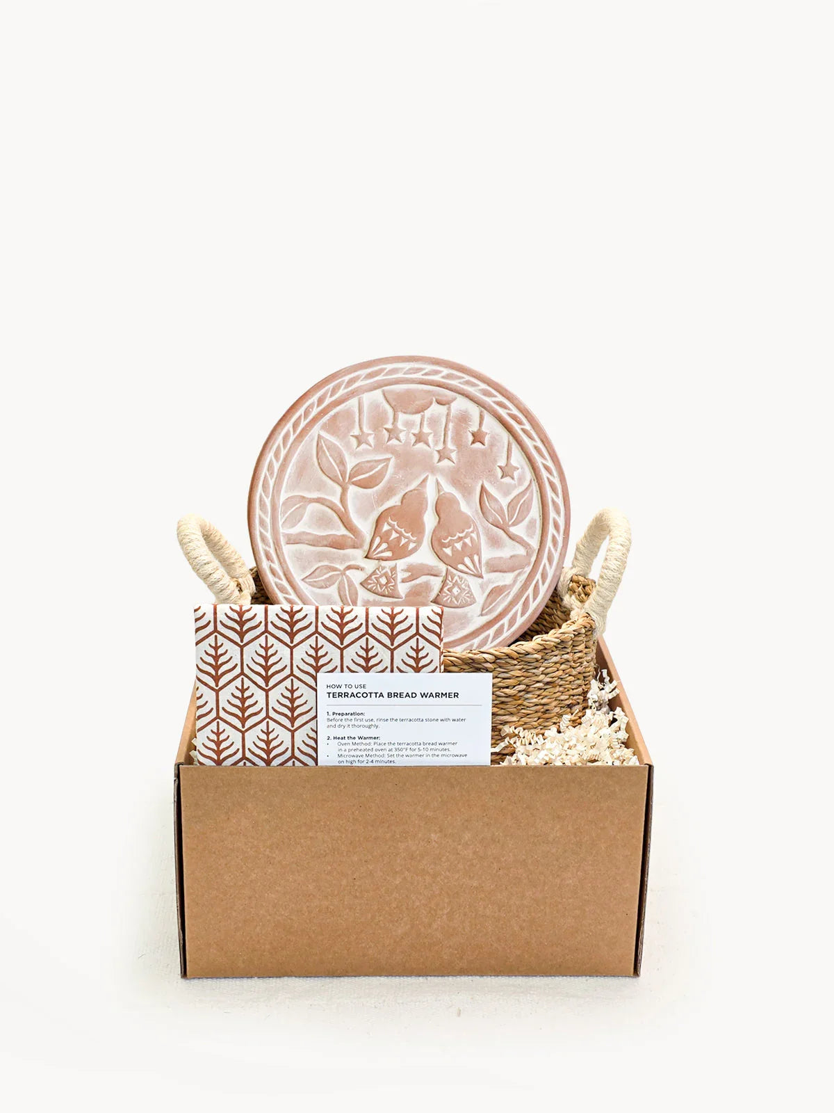 Terracotta lovebird bread warmer gift set with basket and tea towel from Qu!rk Boutique