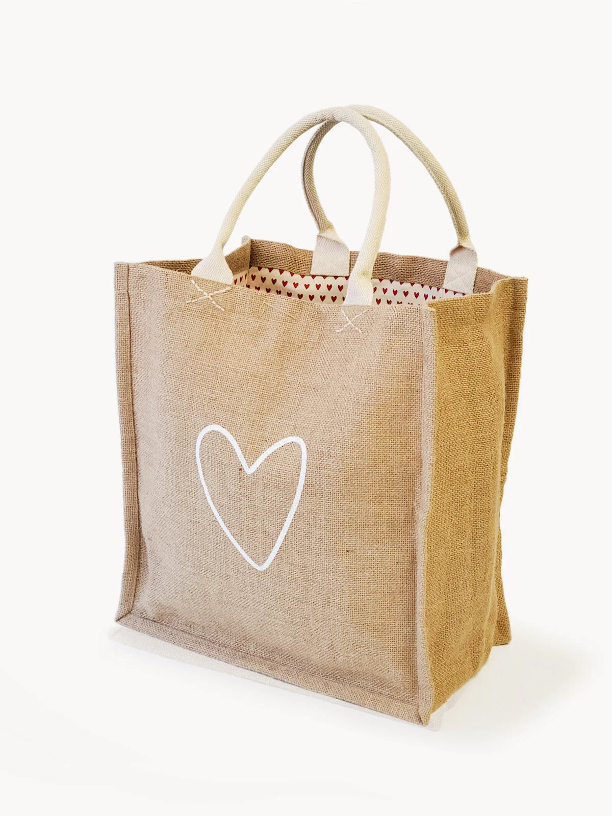 Natural jute market bag with white heart print and cotton lining with small red hearts