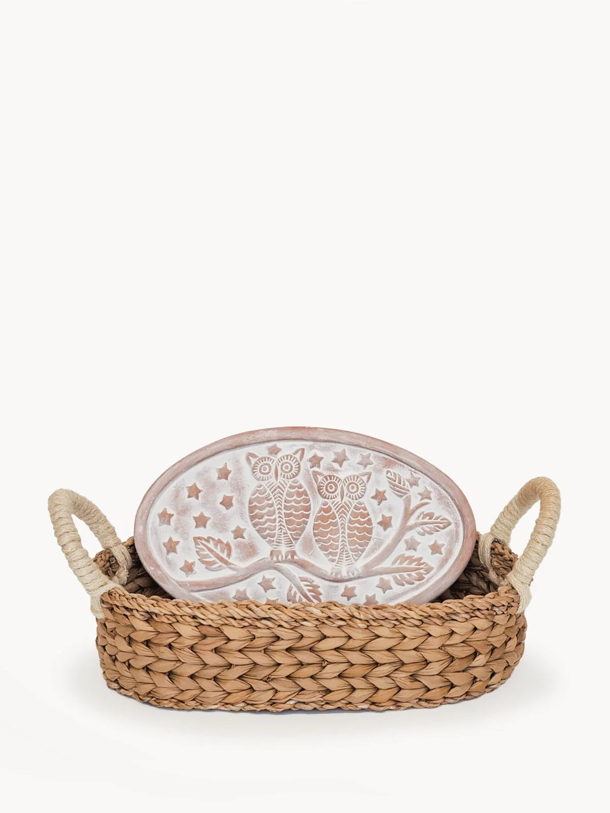 Oval woven bread warmer basket with ceramic owl design plate inside