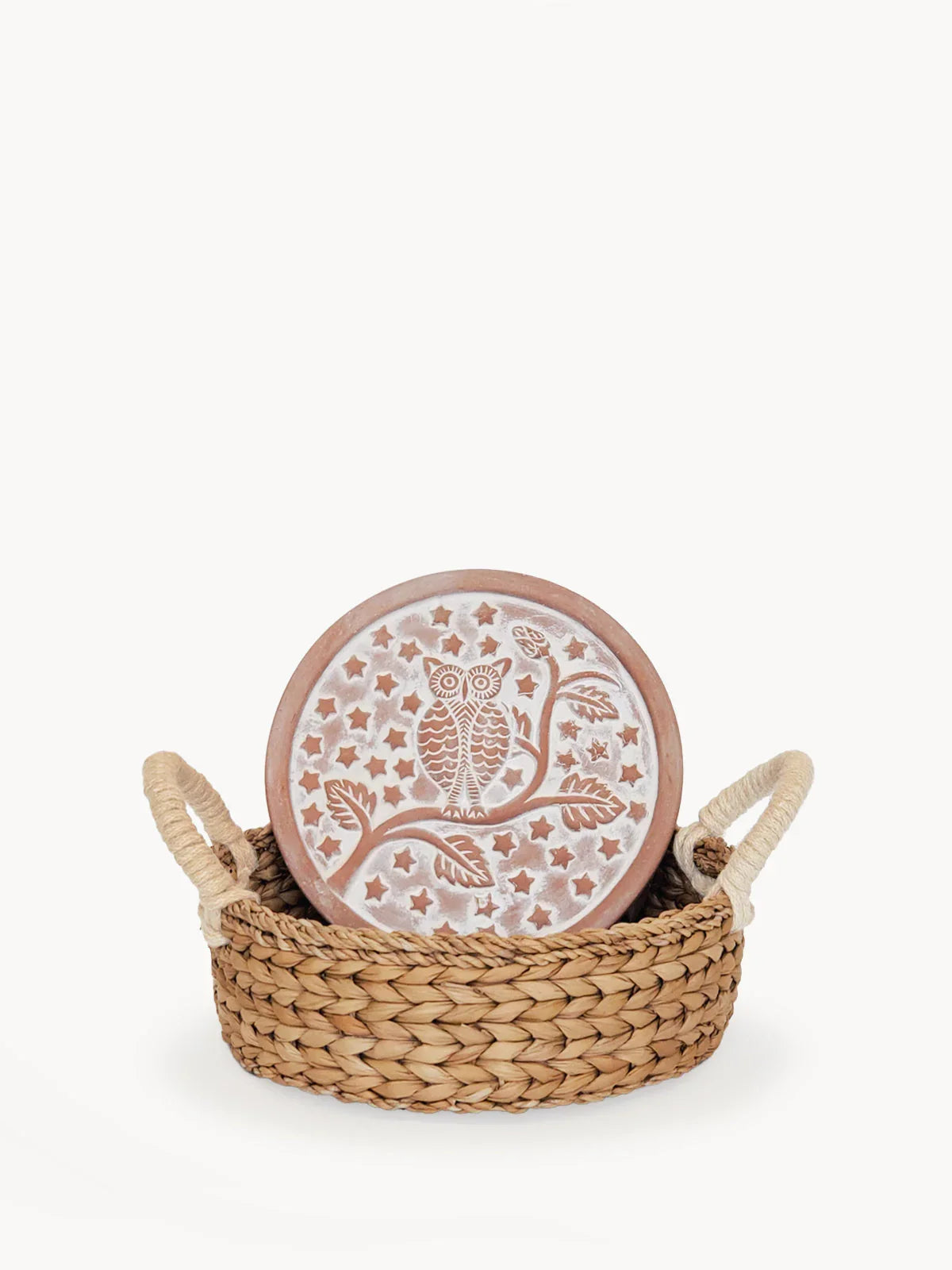 Round bread warmer with owl and stars design in woven basket with rope handles