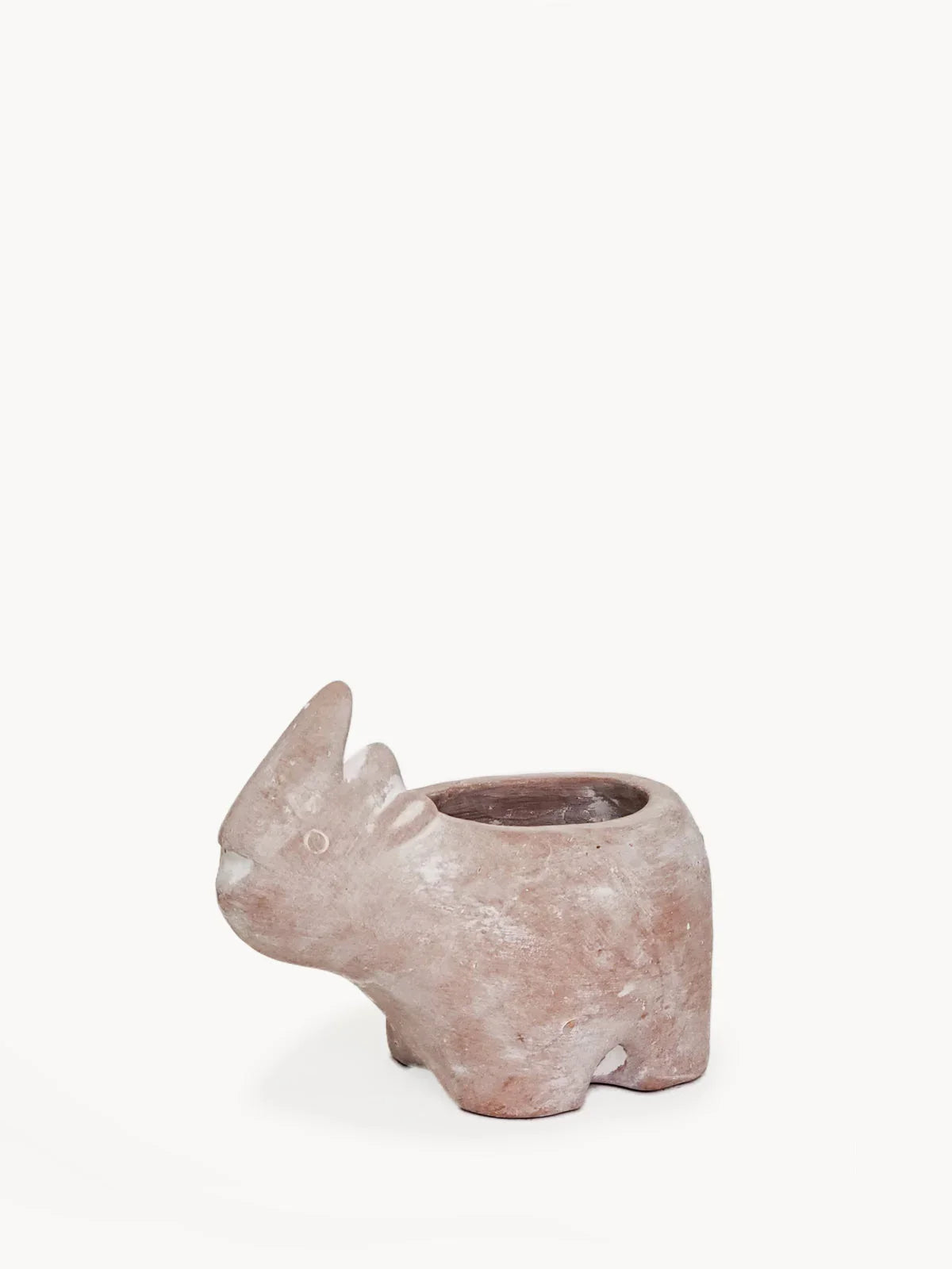 Rustic terracotta rhino-shaped planter pot with textured surface