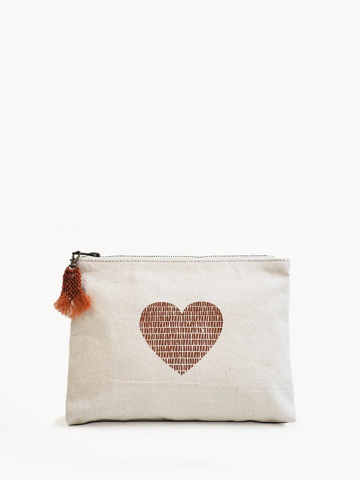 Natural canvas pouch with brown textured heart print and orange tassel zipper pull