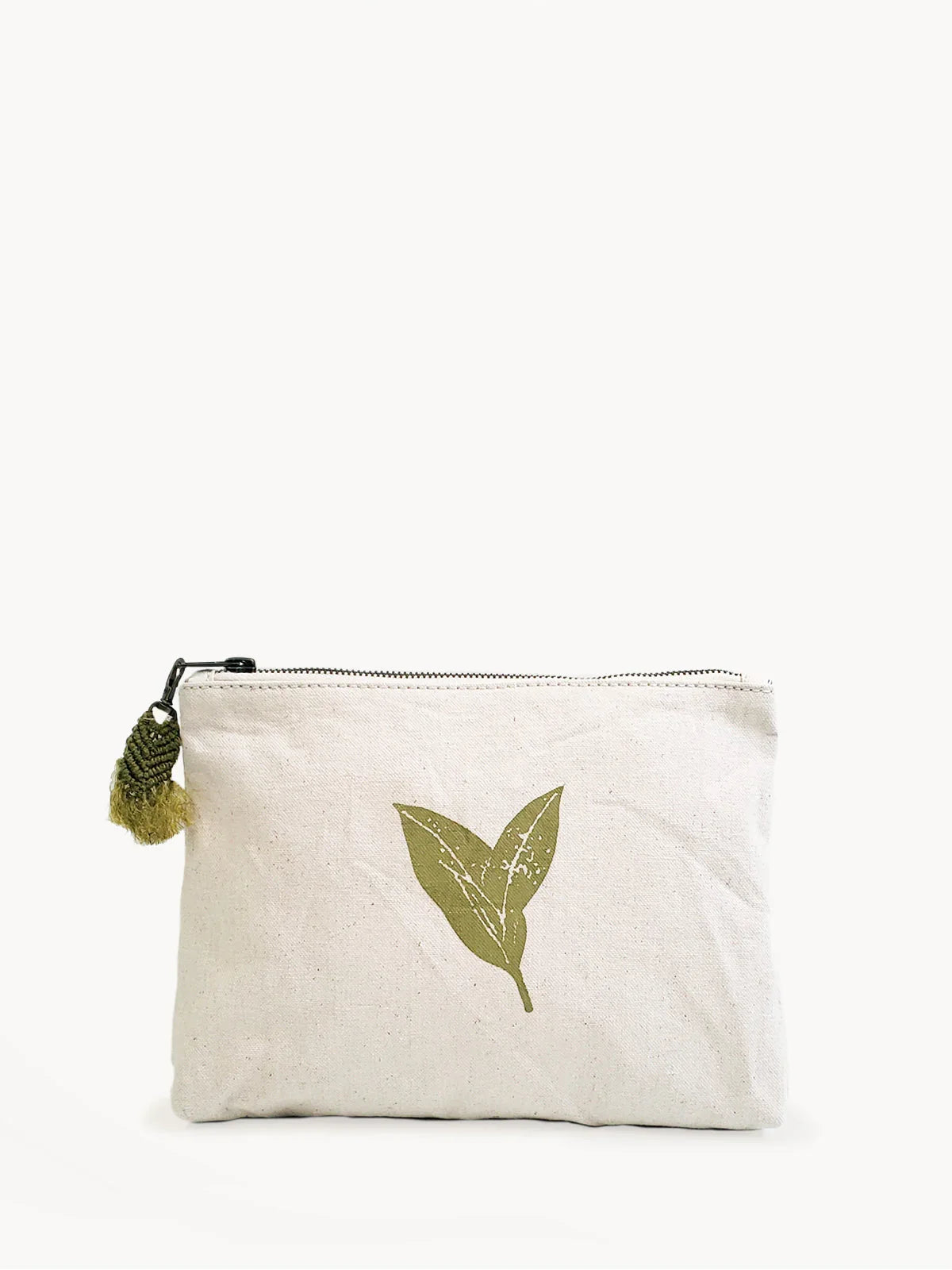 Eco-friendly canvas pouch with green leaf print and zipper, Qu!rk Boutique sustainable gift