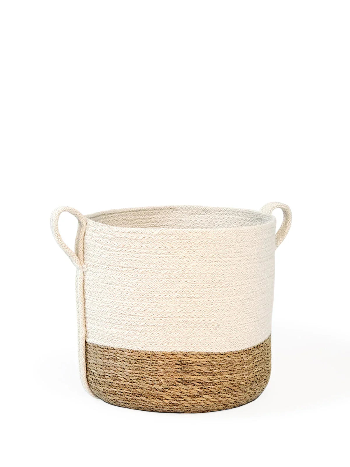 Two-tone woven storage basket with side handles in natural and white fibers