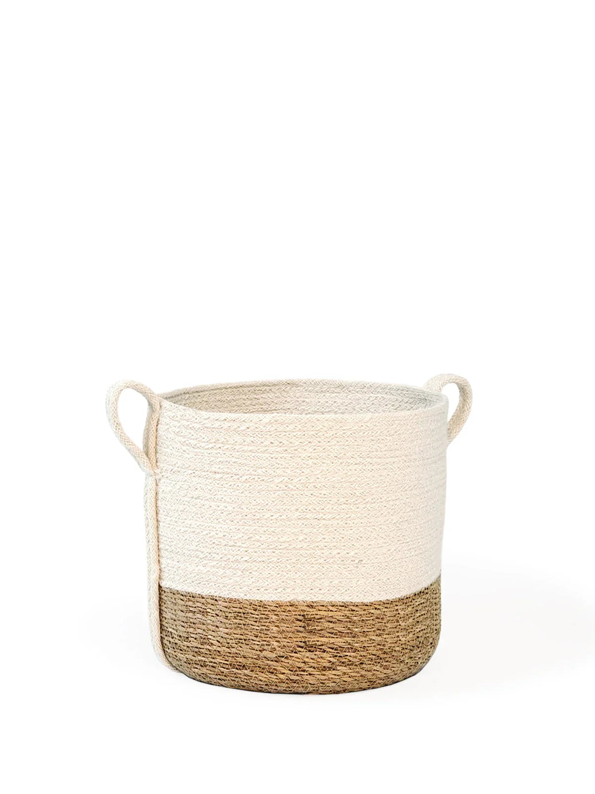 Two-tone woven storage basket with side handles in beige and natural brown