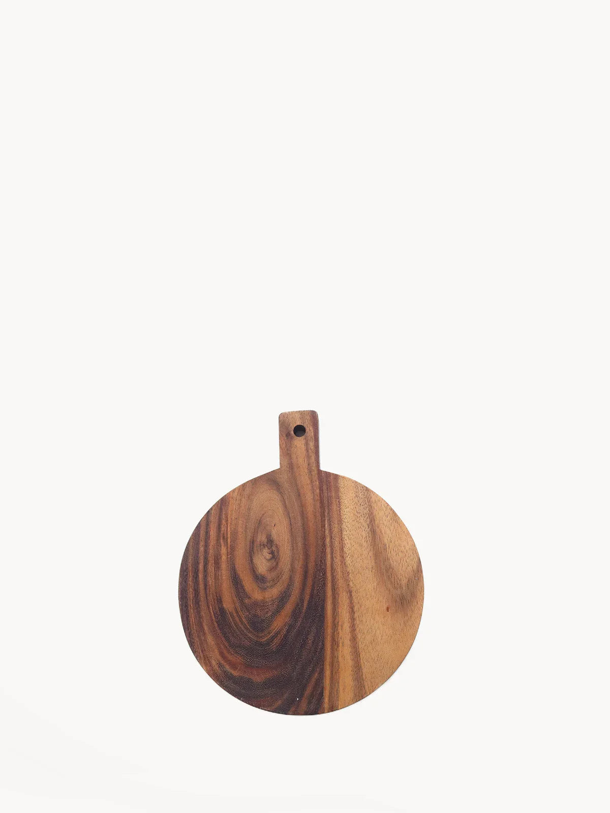 Round wooden serving board with handle and natural wood grain, isolated on white background
