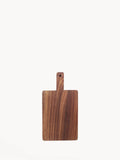 Small rectangular wooden serving board with handle and hanging hole on white background