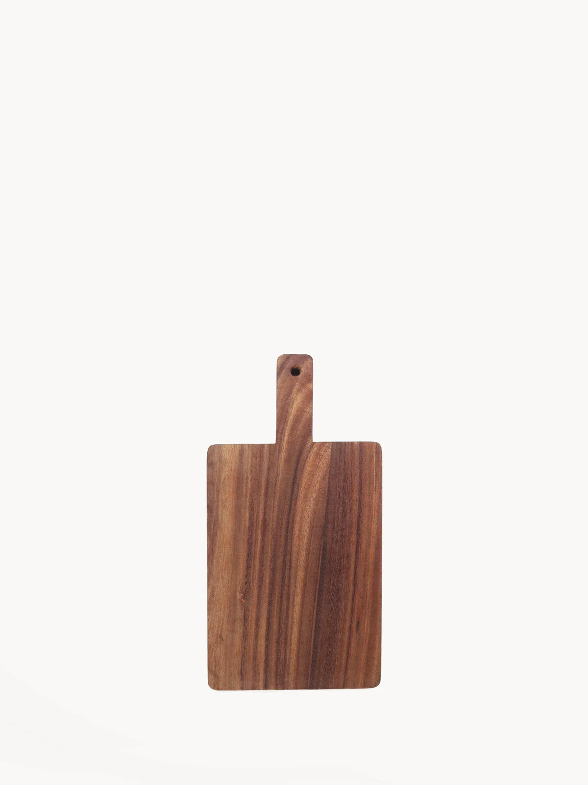 Small rectangular wooden serving board with handle and hanging hole on white background