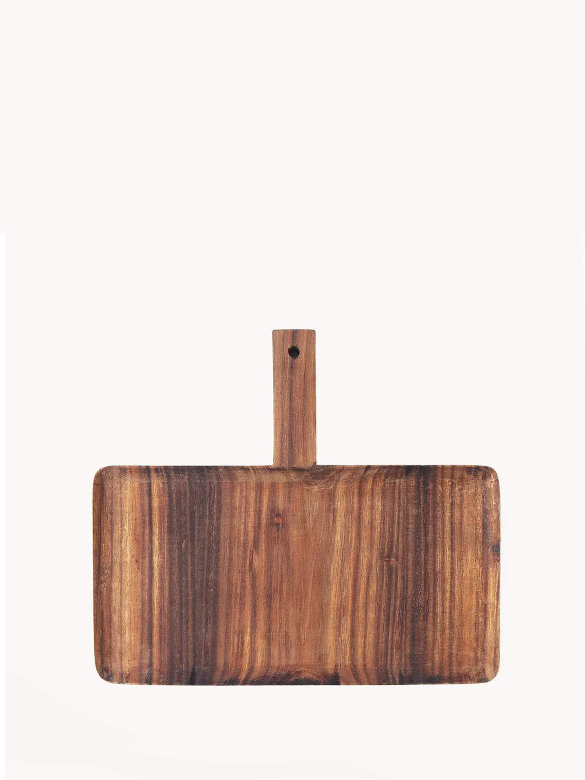 Rectangular wooden serving tray with handle and natural wood grain