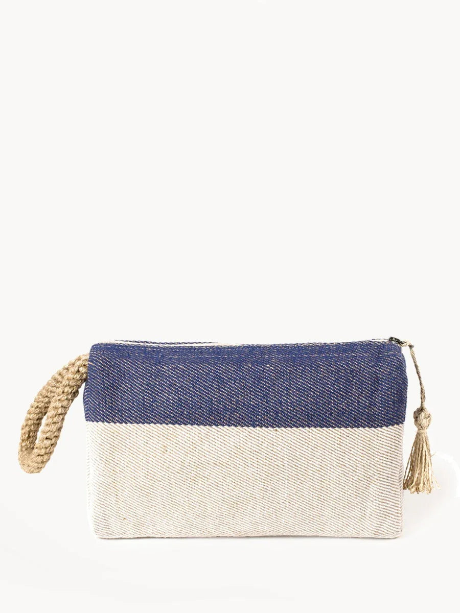 Two-tone blue and beige woven clutch with braided wrist strap and tassel zipper pull