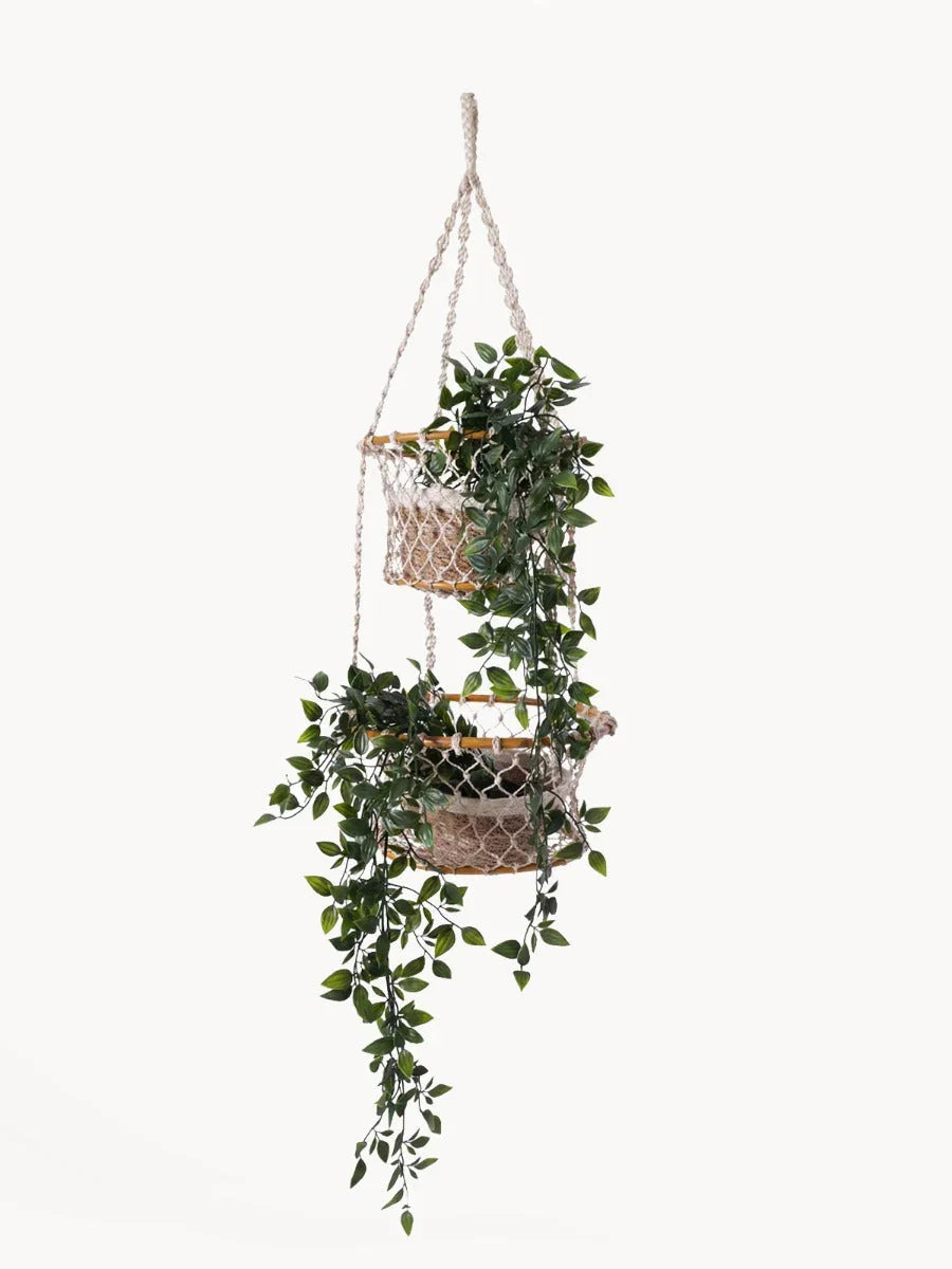 Double-tier macrame plant hanger with cascading green leafy plants in woven pots