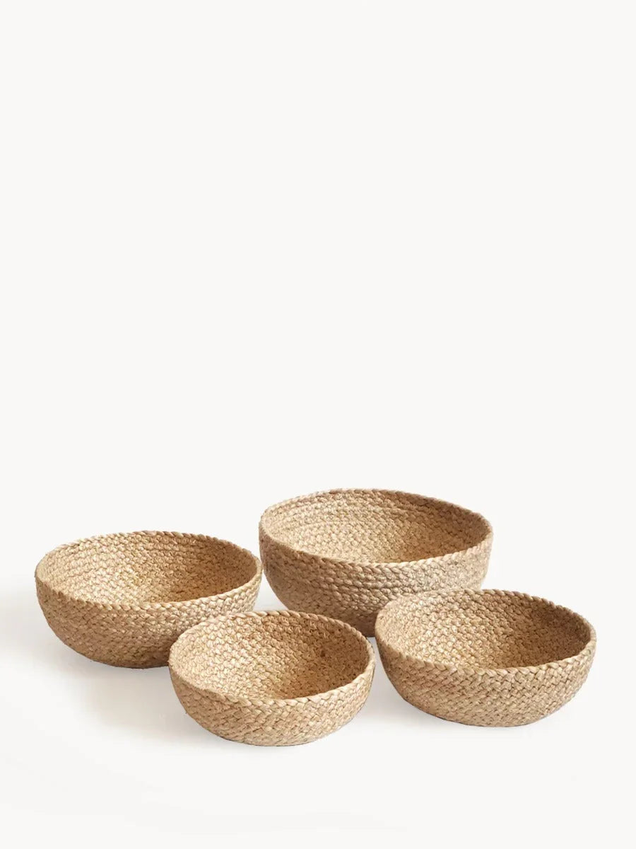 Set of four natural woven kata candy bowls on white background, eco-friendly decor from Qu!rk Boutique