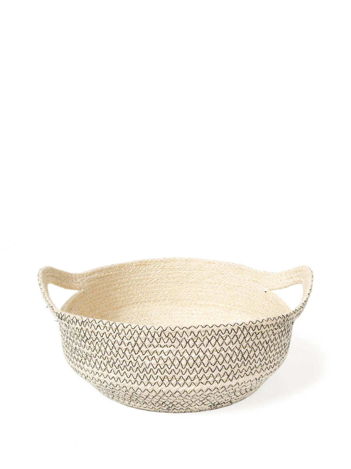 Handwoven natural fiber fruit bowl with black zigzag pattern and side handles, Qu!rk Boutique