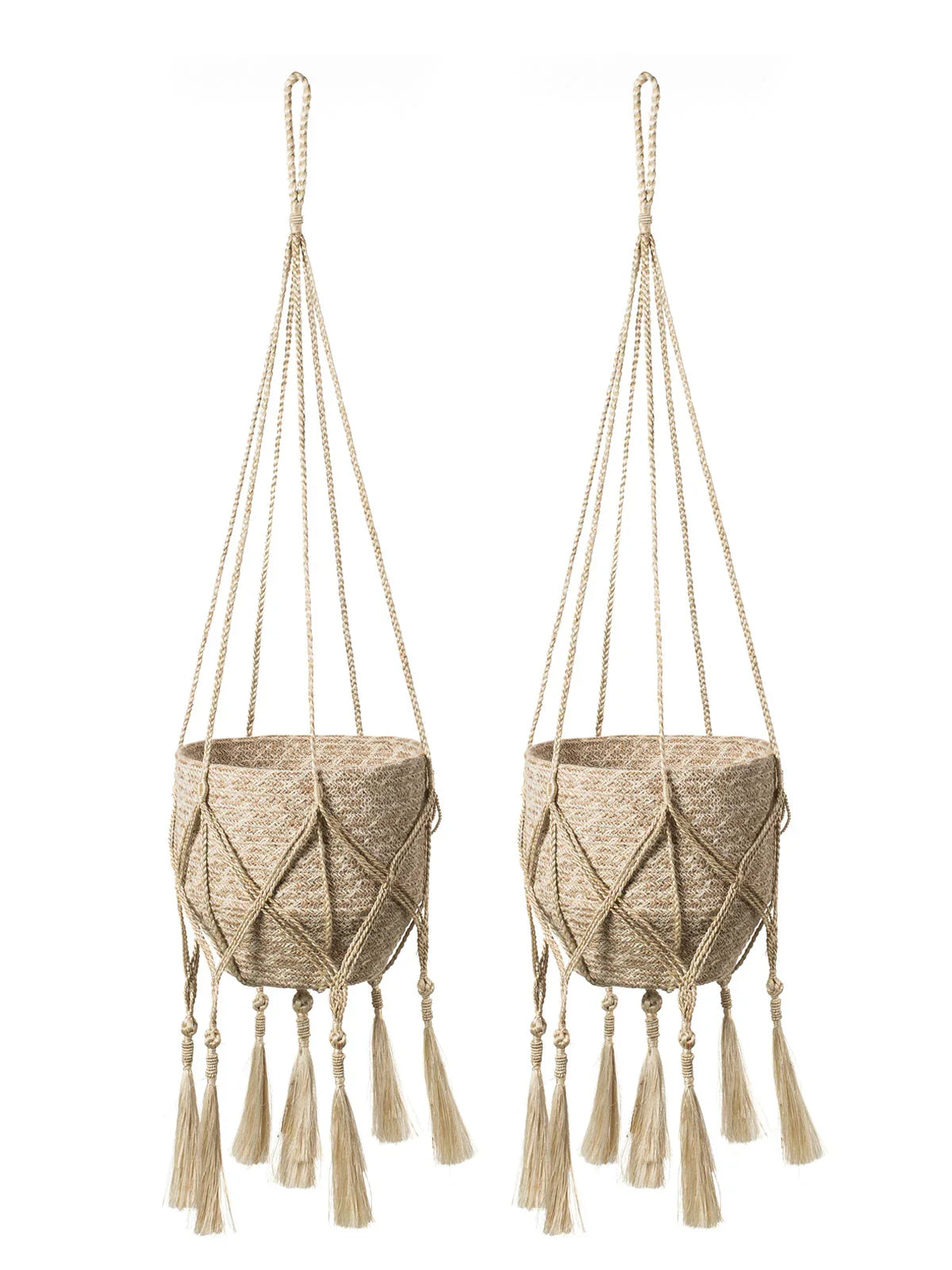 Set of two natural woven jute hanging planters with tassels and macramé design