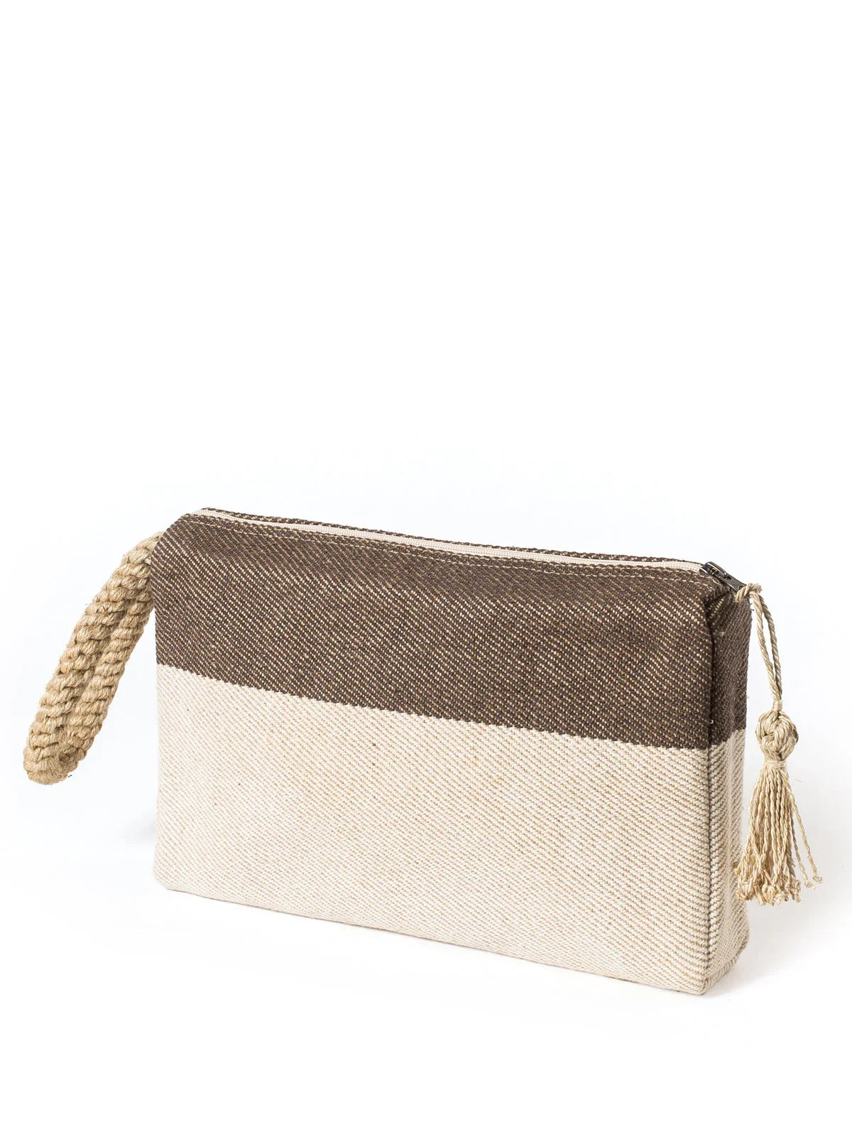Brown and beige woven clutch bag with braided wrist strap and tassel zipper pull