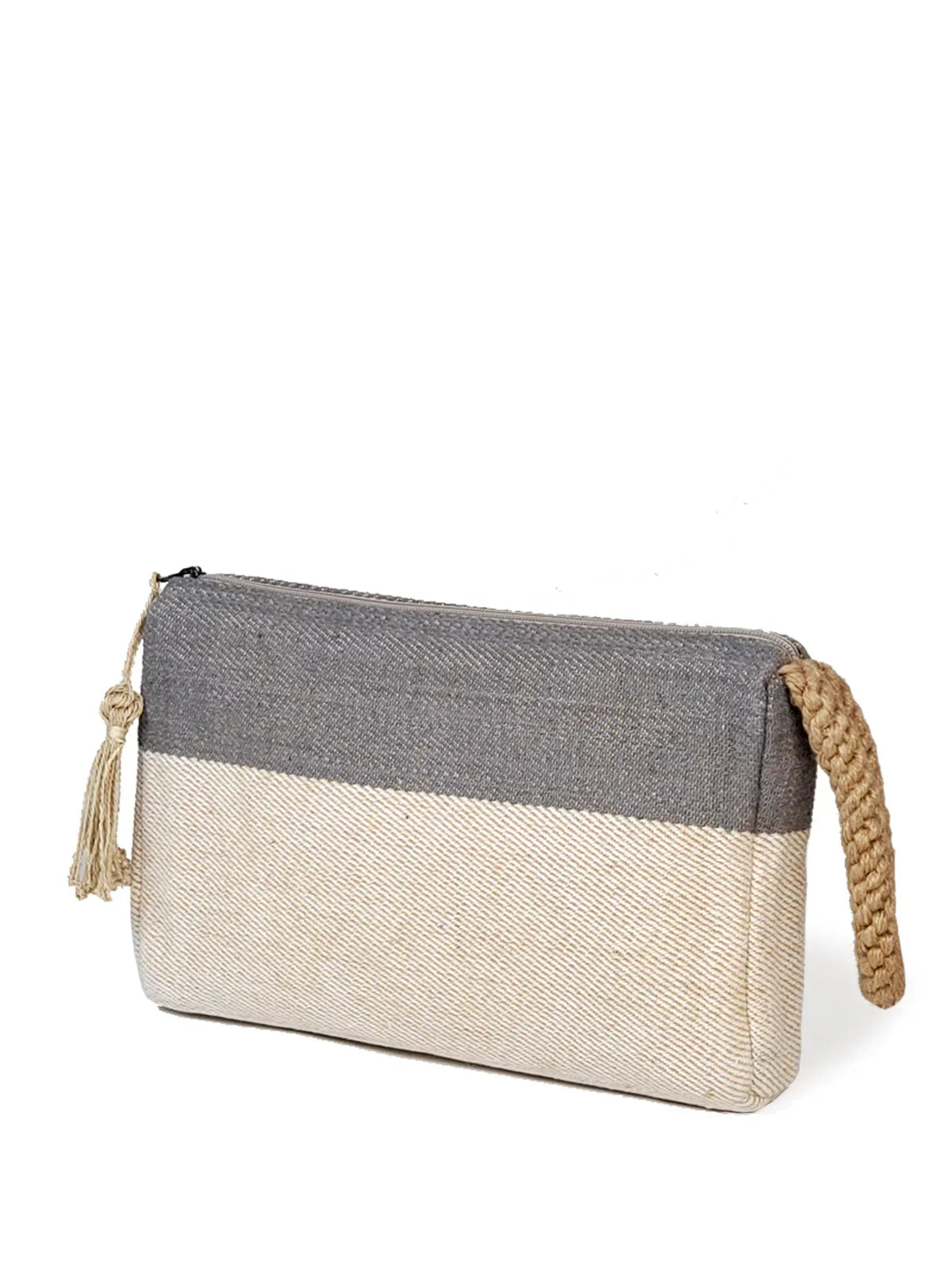 Gray and beige fabric clutch with zipper and braided handle, minimalist design