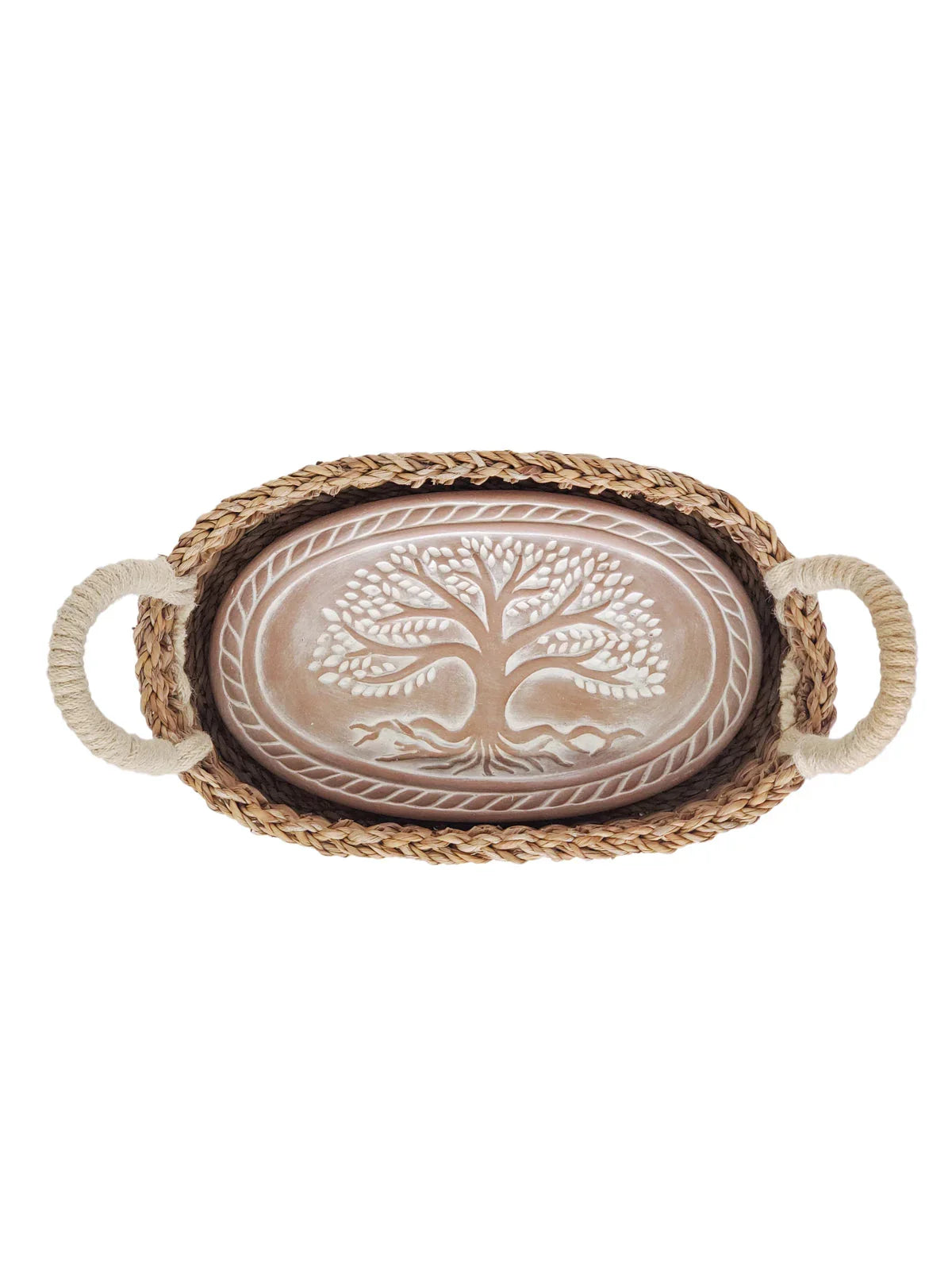 Oval ceramic bread warmer with embossed Tree of Life design in woven basket tray with rope handles