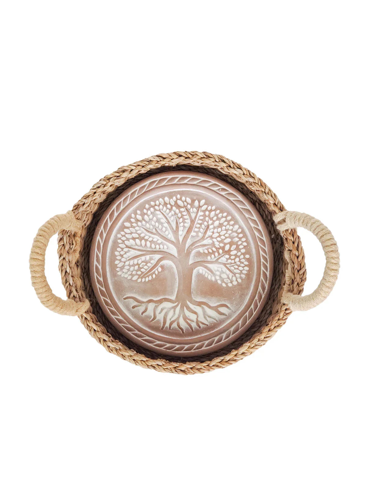 Round ceramic bread warmer with engraved tree of life in woven basket, Qu!rk Boutique gift