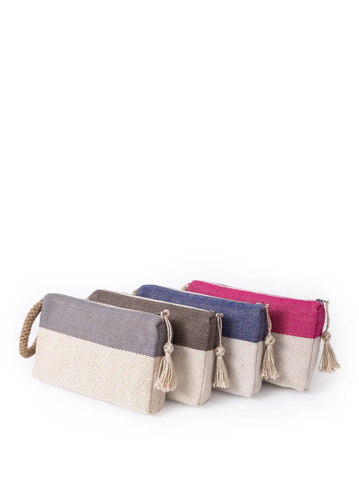 Set of four color-blocked fabric pouches with tassel zipper pulls and rope handles