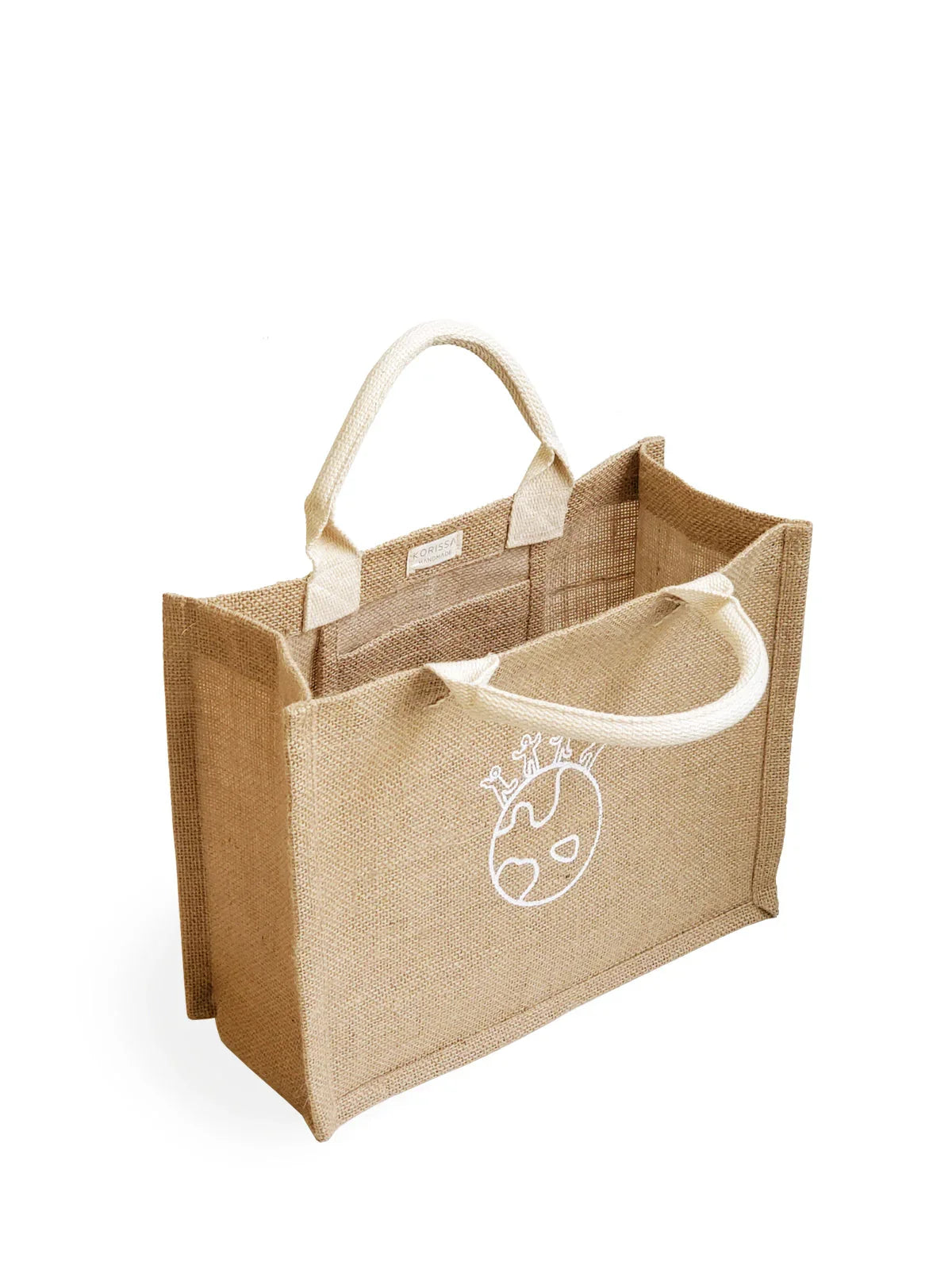 Eco-friendly jute gift bag with white Earth graphic and sturdy handles
