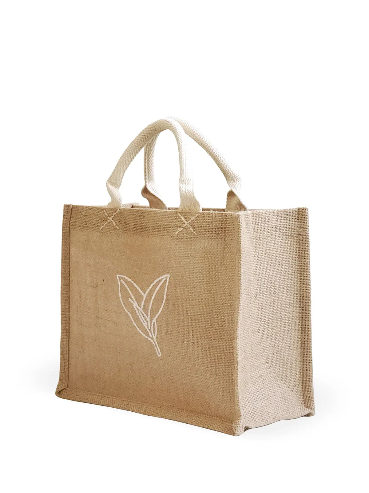 Eco-friendly jute tote bag with white leaf design and sturdy white handles