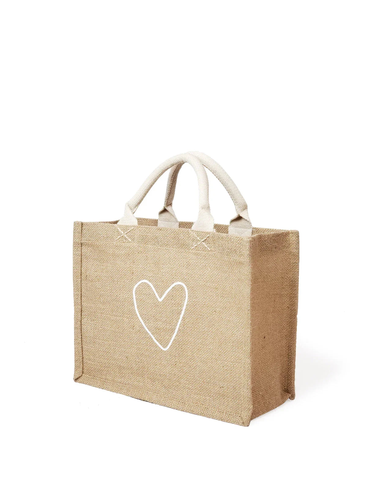 Natural jute tote bag with white handles and a simple white heart design
