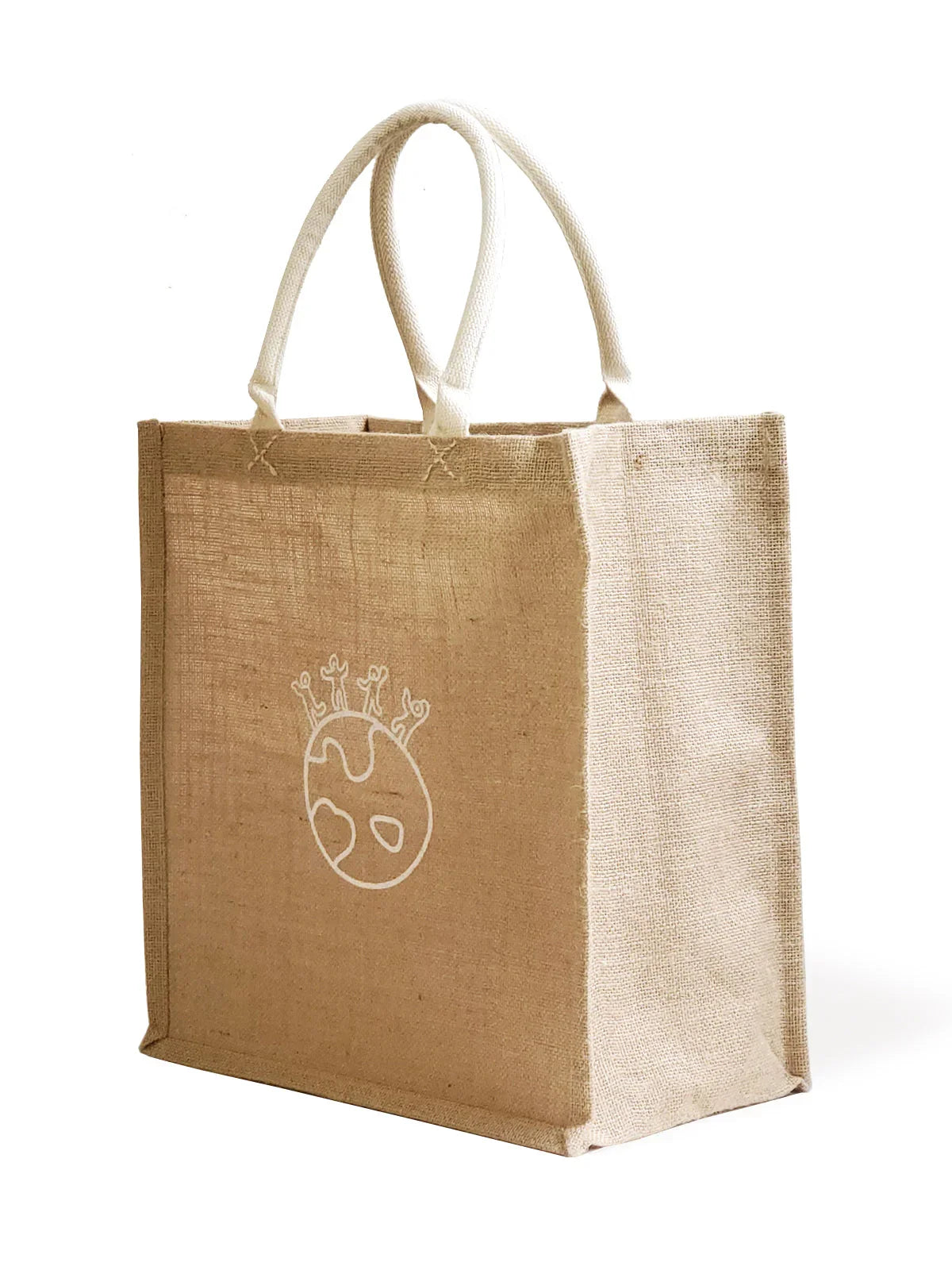 Eco-friendly jute market tote bag with earth and people graphic, Qu!rk Boutique exclusive