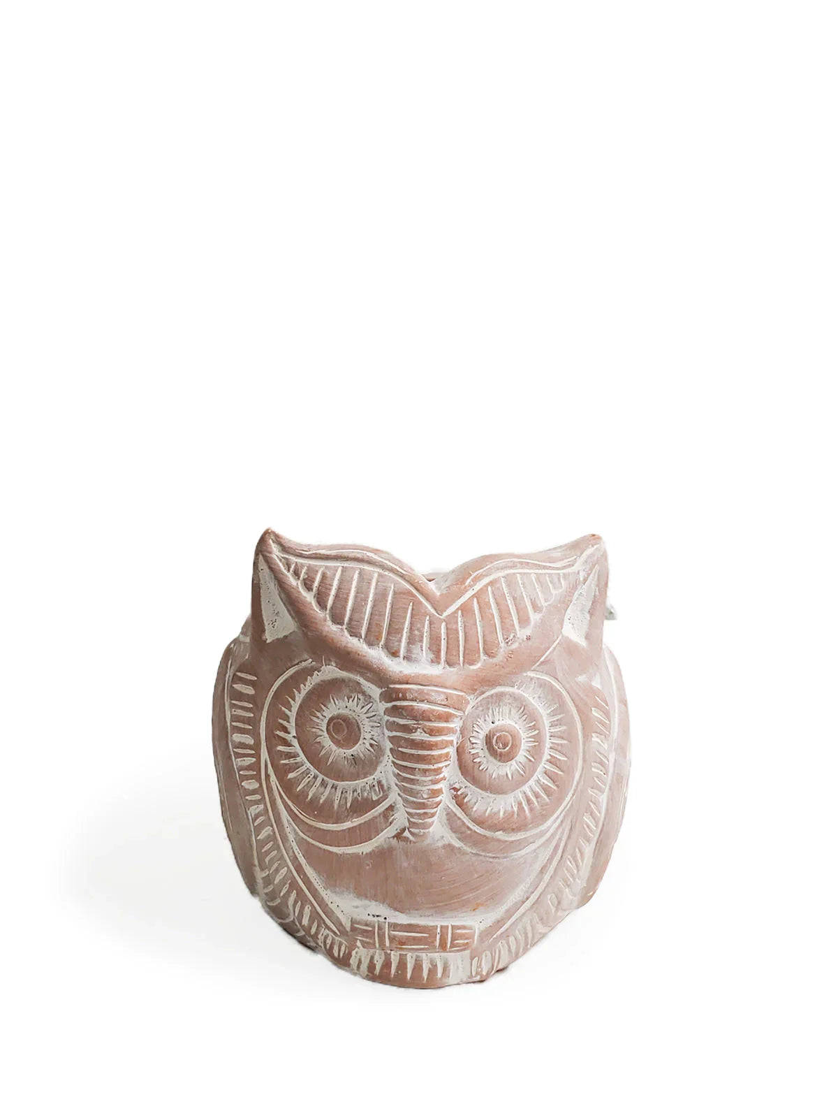 Terracotta owl planter with carved geometric patterns on white background