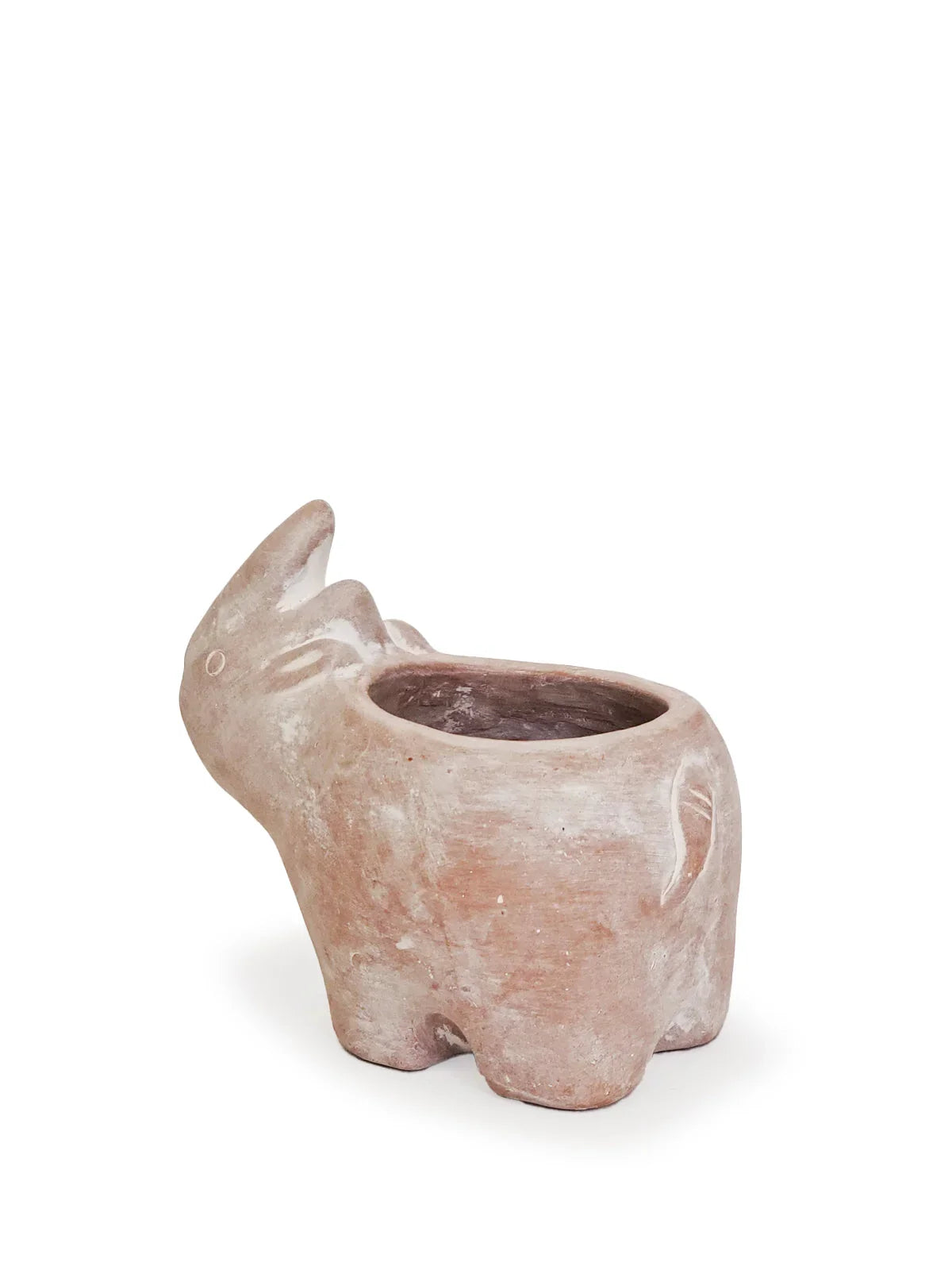 Terracotta planter shaped like a rhino with rustic texture on white background