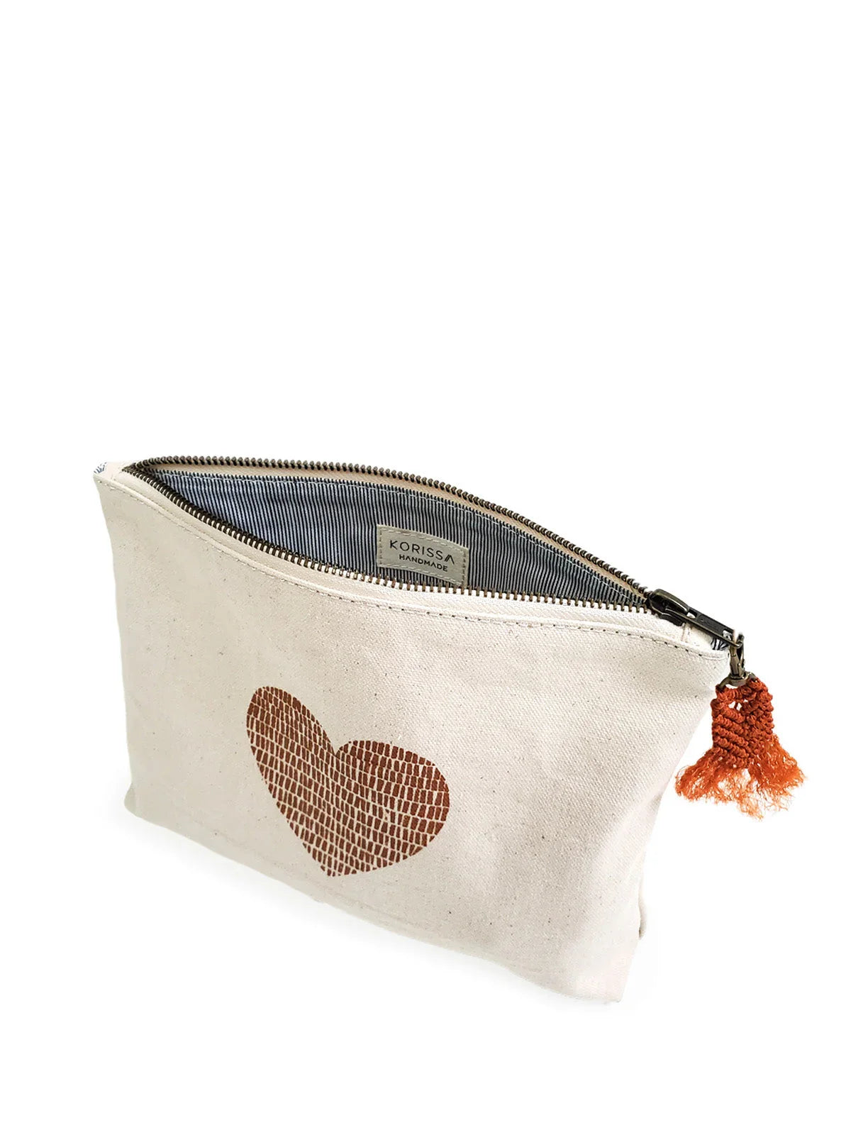 Beige handmade canvas pouch with brown textured heart print and orange tassel zipper pull